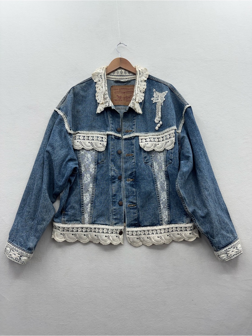 Vintage 80s Levi’s Large Embellished Denim Jacket Lace Pearls